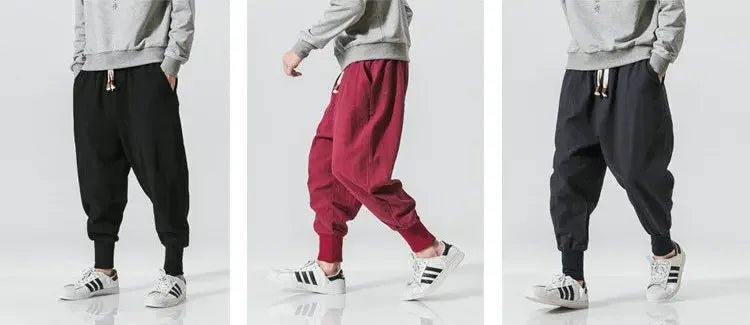 Cotton Linen Harem Pants Men Solid Elastic Waist Streetwear Joggers New Baggy Drop-crotch Pants Casual Trousers Men