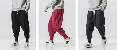 Cotton Linen Harem Pants Men Solid Elastic Waist Streetwear Joggers New Baggy Drop-crotch Pants Casual Trousers Men