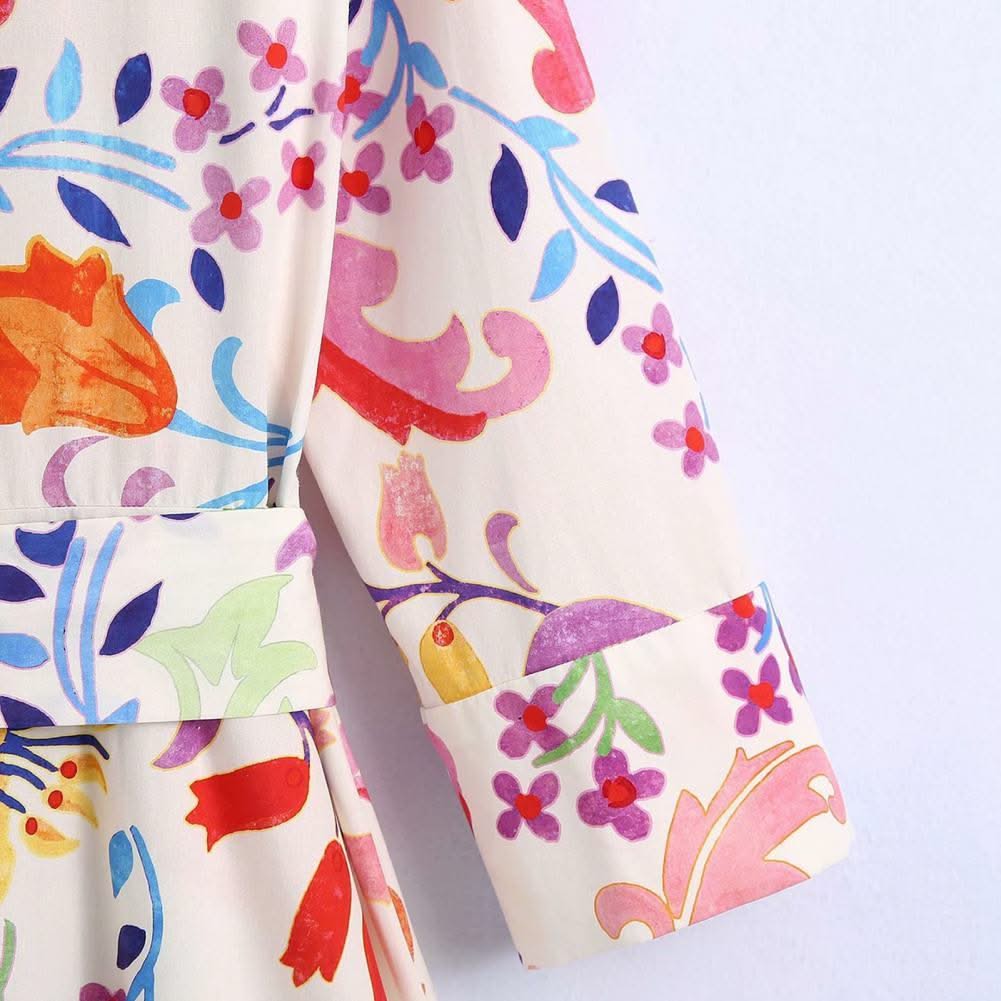2021 Women Summer Dresses Floral Print Turn-down Collar A-Line 3/4 Sleeve Large Hem Single-breasted Mid-Calf Shirt Midi Dress St