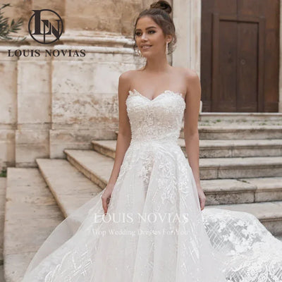 LOUIS NOVIAS Luxury Wedding Dresses For Women Sexy Strapless Appliques Bridal Gown Lace Sparkling Tulle A-Line Vestido De Novia