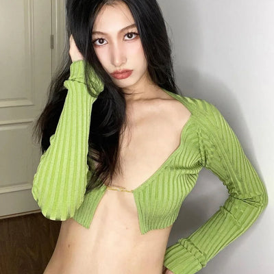 Cryptographic Autumn Knitted Sexy Cropped Sweaters Women Fashion Long Sleeve Cardigan Women Tops Pullovers Oversized Clothes