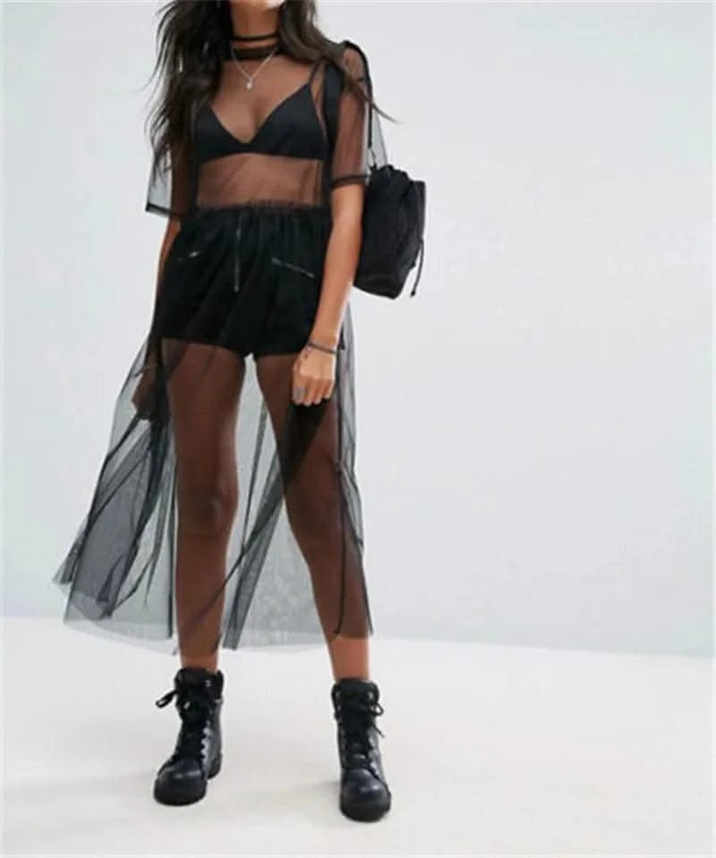 Women Black Gauze Mesh Sheer Tops Sheer Long Shirts