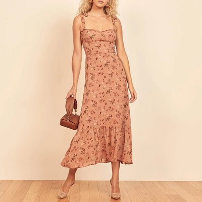 Summer Dresses For Women 2021 Elegant Ruffle Hem Floral Chiffon Midi Dress Frill Edge Sweetheart Neck Strap Tie Sexy Slip Dress