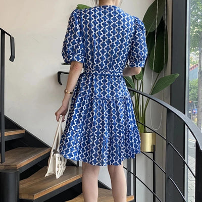 New Fashion Printed Dress for Women Streetwear Trend Round Neck Ruffles Waist Puff Sleeve Dresses Female Clothing
