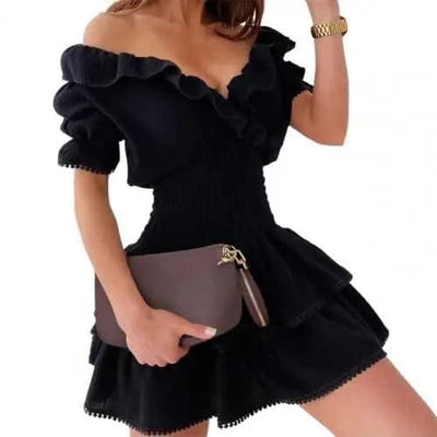 V-neck Elastic Waist Ruffled Short Sleeve Mini Cake Dress For Women| Elegant Party Dresses Girls | Summer |