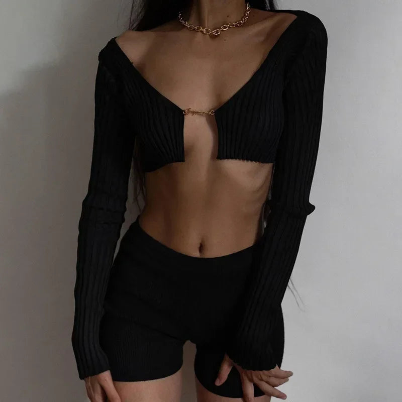 Cryptographic Autumn Knitted Sexy Cropped Sweaters Women Fashion Long Sleeve Cardigan Women Tops Pullovers Oversized Clothes