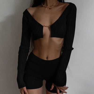 Cryptographic Autumn Knitted Sexy Cropped Sweaters Women Fashion Long Sleeve Cardigan Women Tops Pullovers Oversized Clothes