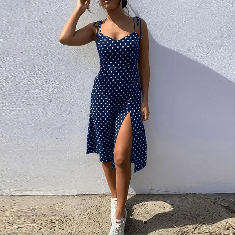 Dresses Sundress Summer Women Causal Polka Dot Sleeveless High Pleated elastic waist V-Neck Beach Dress Vestidos De Verano