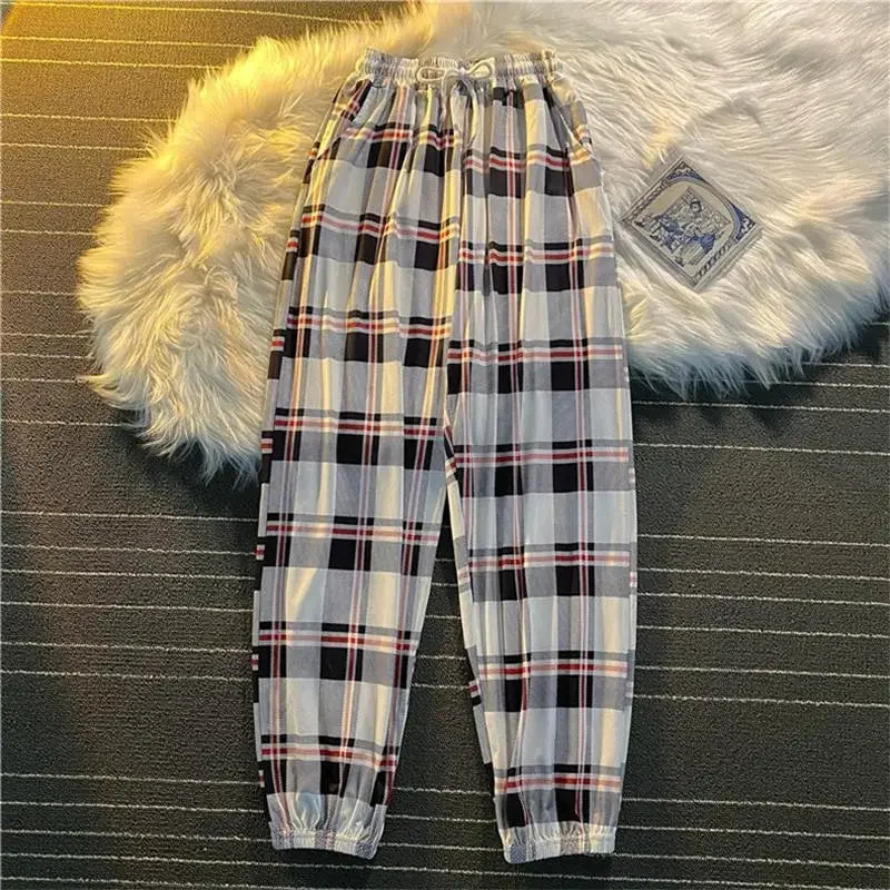 Pants Women New Bunch of feet Fashion Loose Black Plaid Summer Harajuku Students Streetwear Harem Long Trousers Womens Chic