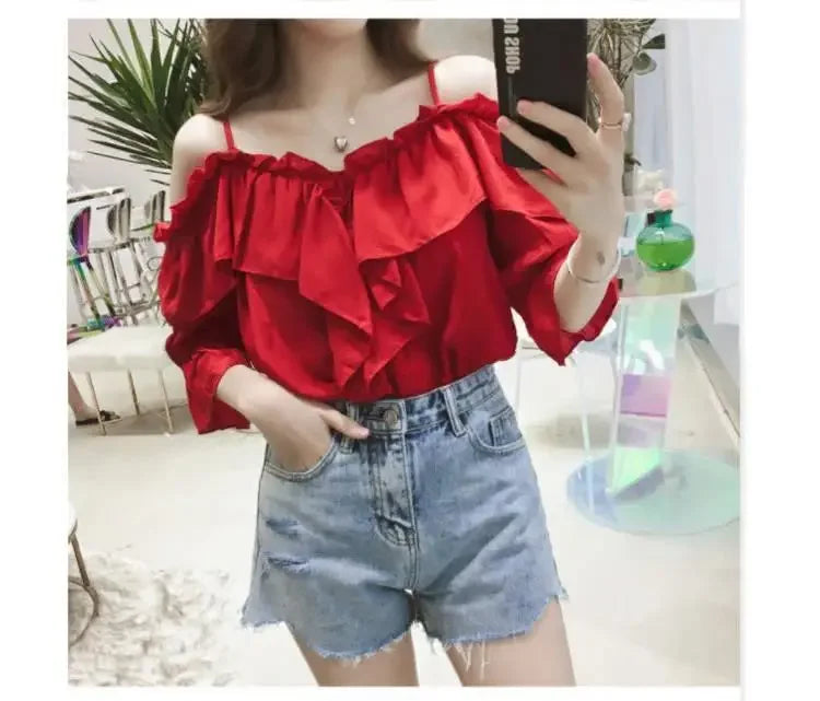 Ruffle Youth Elegant Blouses Tops Women Fashion Low Cut Blouse Summer Chiffon Shirt Pretty Bebeautiful Clothes