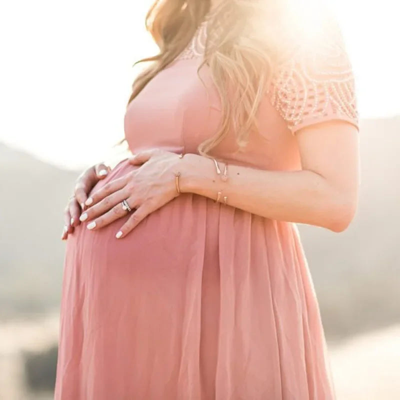 Short Sleeve Lace Chiffon Maternity Dresses for Photoshoot Pregnant Women Maxi Gown Dress Pregnancy Baby Shower Photography Prop