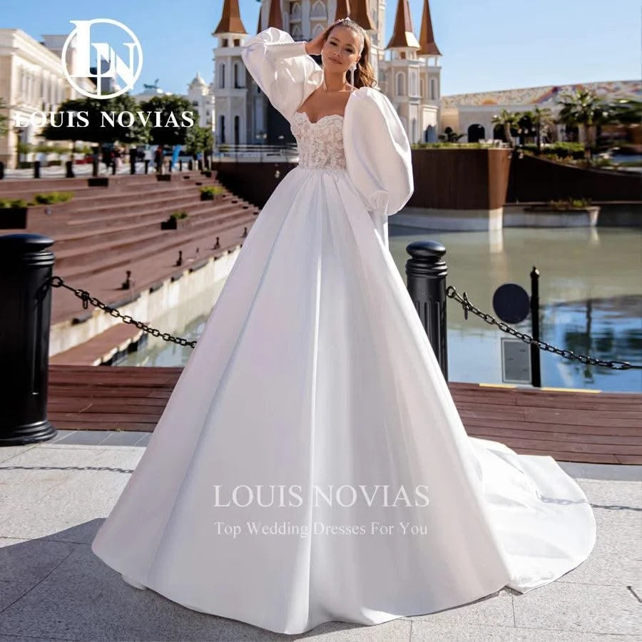 A-line Sexy Exquisite Satin Bridal Gown Beaded Sweetheart Puff Sleeve Wedding Dresses For Women