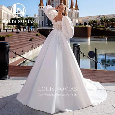 A-line Sexy Exquisite Satin Bridal Gown Beaded Sweetheart Puff Sleeve Wedding Dresses For Women