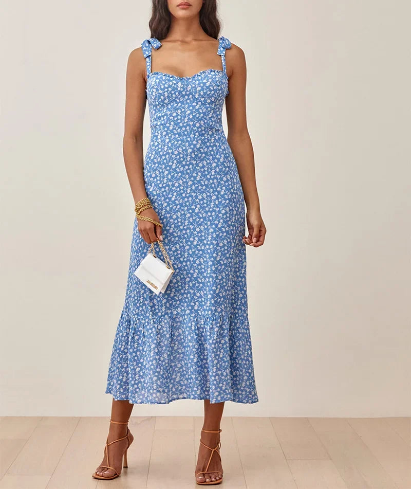 Summer Dresses For Women 2021 Elegant Ruffle Hem Floral Chiffon Midi Dress Frill Edge Sweetheart Neck Strap Tie Sexy Slip Dress