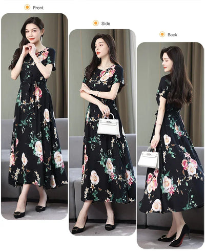 New Fashion 2024 Print Summer Dresses For Women Short Sleeve O-Neck Elegant Summer Dress Woman Clothing