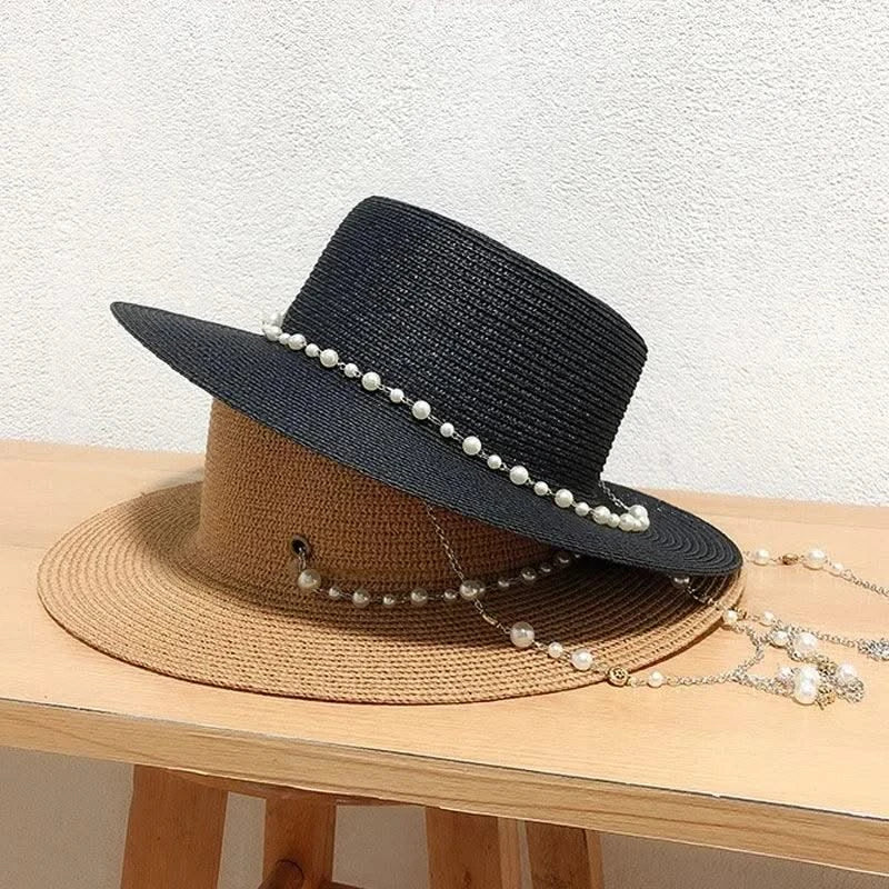 New Women Summer Hats Straw Sun Hat Panama Elegant Straw Fedoras Lady Girl Outdoor Vacation with Pearl Chain Sunshade Beach Hat