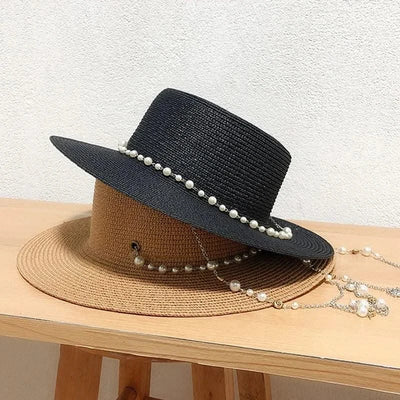 New Women Summer Hats Straw Sun Hat Panama Elegant Straw Fedoras Lady Girl Outdoor Vacation with Pearl Chain Sunshade Beach Hat