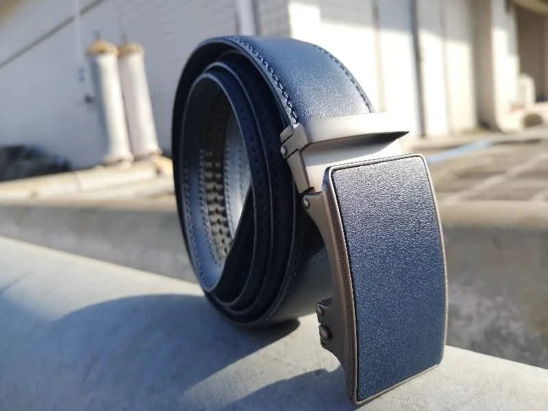 Blue Genuine Leather Automatic Buckle Strap Metal Belts for Men| Male