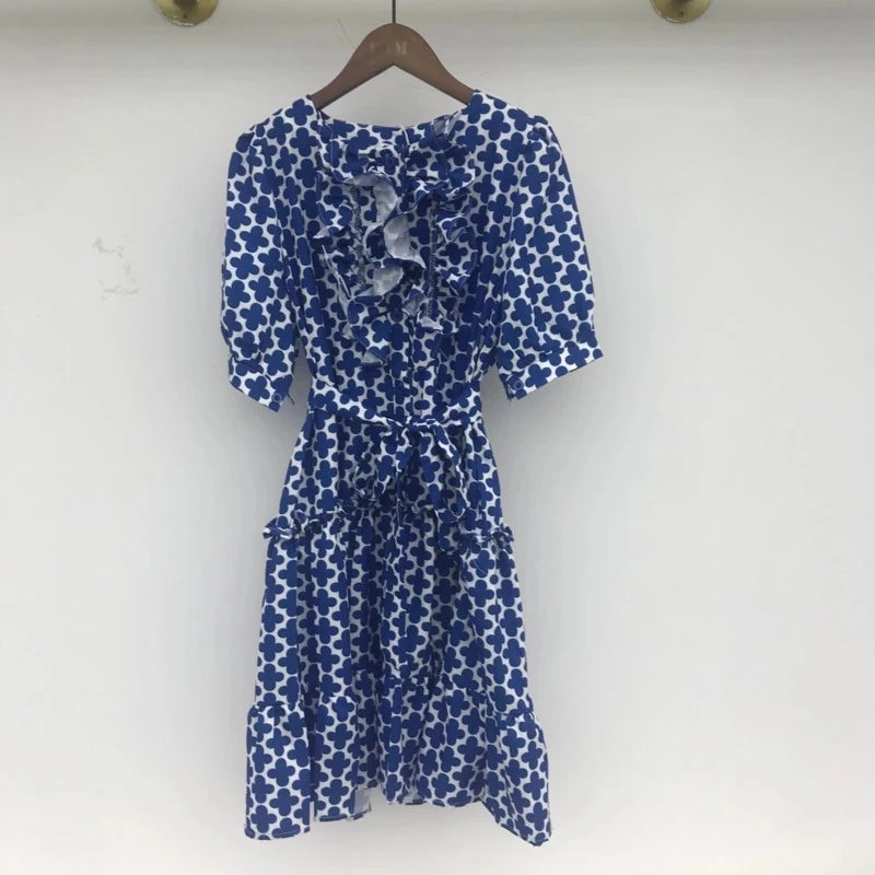 New Fashion Printed Dress for Women Streetwear Trend Round Neck Ruffles Waist Puff Sleeve Dresses Female Clothing