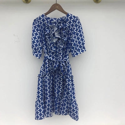 New Fashion Printed Dress for Women Streetwear Trend Round Neck Ruffles Waist Puff Sleeve Dresses Female Clothing