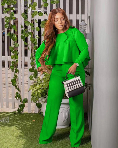 Elegant Work Wear Two Piece Set Fall Clothes for Women Ruffles Crop Top and Wide Leg Pants Suits Matching Sets Sexy Club Outfits