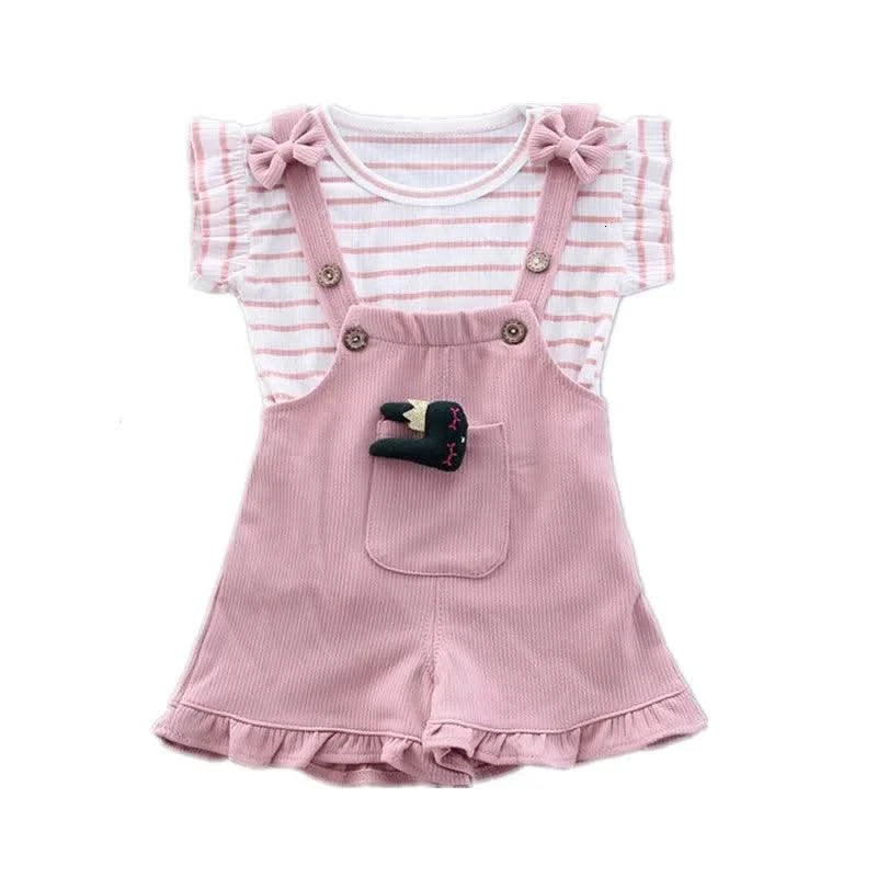 Summer Children Clothing Baby Cute  Girls Casual T-Shirts Bib Shorts 2Pcs/Set Toddler Cartoon Fashion Cotton Infant Clothes Suit