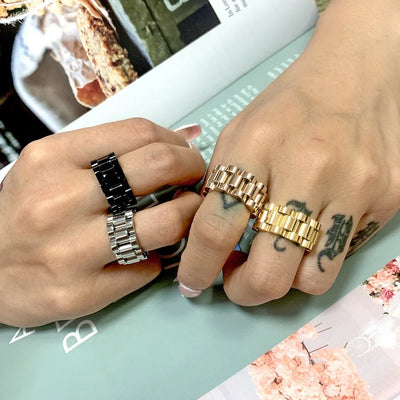 Luxury Never Fade 18K Gold Plated Bold Wide Thick Ring for Women Chunky Link Chain Stainless Steel Strap Finger Rings Jewelry