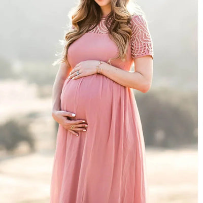 Short Sleeve Lace Chiffon Maternity Dresses for Photoshoot Pregnant Women Maxi Gown Dress Pregnancy Baby Shower Photography Prop