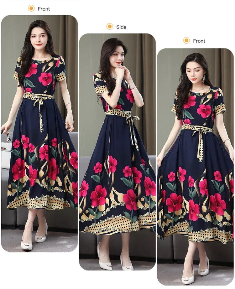 New Fashion 2024 Print Summer Dresses For Women Short Sleeve O-Neck Elegant Summer Dress Woman Clothing