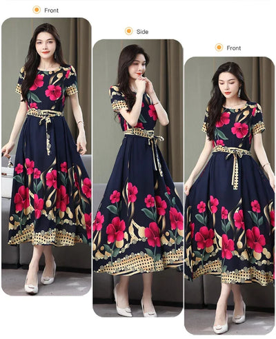 New Fashion 2024 Print Summer Dresses For Women Short Sleeve O-Neck Elegant Summer Dress Woman Clothing