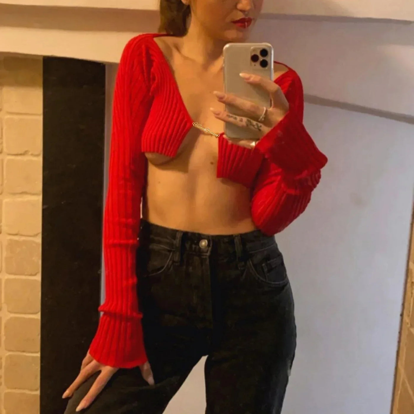 Cryptographic Autumn Knitted Sexy Cropped Sweaters Women Fashion Long Sleeve Cardigan Women Tops Pullovers Oversized Clothes