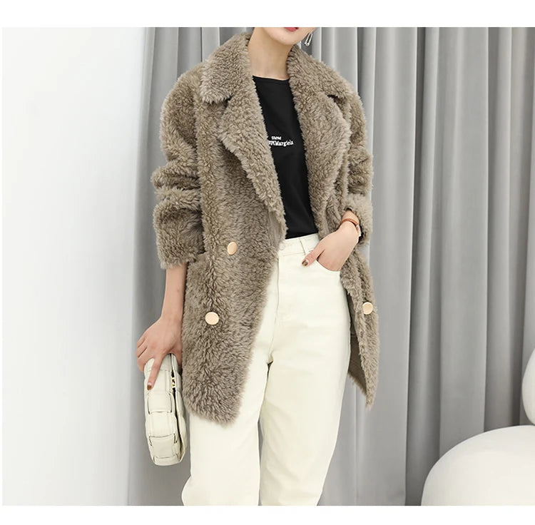 MENINA BONITA 2025 New  Luxury Winter Jacket Women's Coat Double-breasted Woven Real Natural Wool Fur Lapel Warm Loose Outerwear