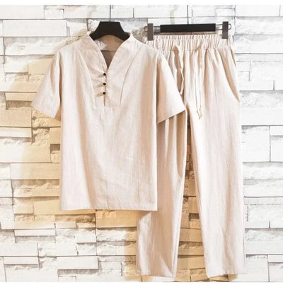 (Shirt + trousers) 2025 summer men shirt Man Cotton and linen shirts Short sleeve men's casual shirts men A set of clothes M-5XL - Elanique