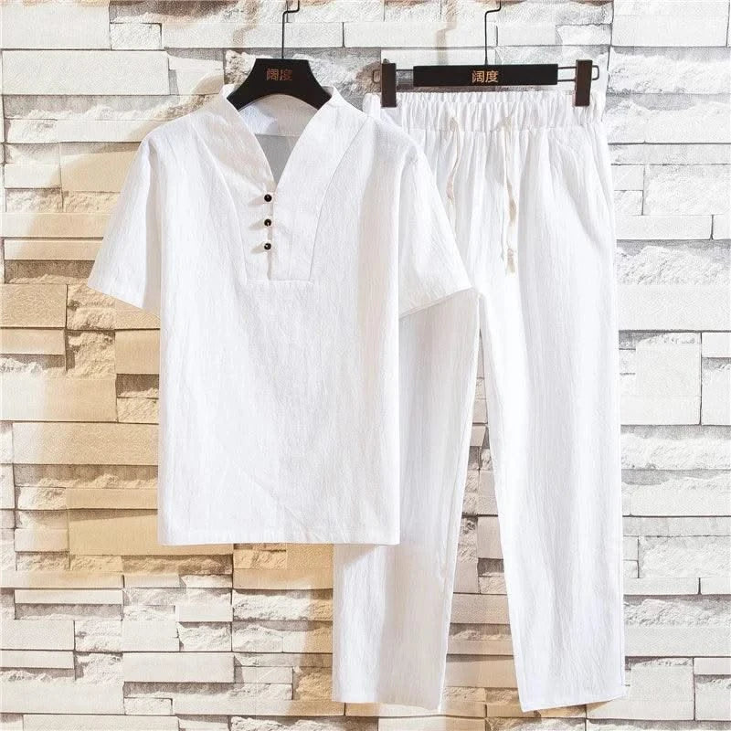 (Shirt + trousers) 2025 summer men shirt Man Cotton and linen shirts Short sleeve men's casual shirts men A set of clothes M-5XL - Elanique