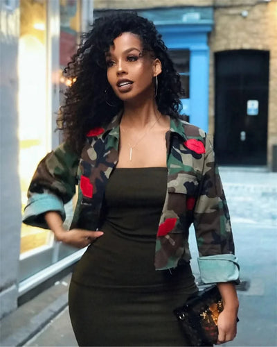 Camouflage Bomber Jacket Women Fashion Single-breasted Long Sleeve
