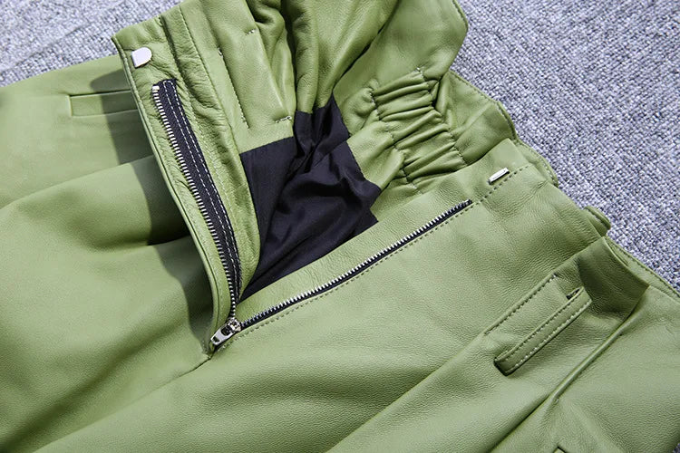 Stylish Genuine Leather Pants Women Sheepskin Bow Tie Lace High Waist Trousers Mujer Khaki/Green Straight Wide Leg Pantalon