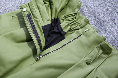 Stylish Genuine Leather Pants Women Sheepskin Bow Tie Lace High Waist Trousers Mujer Khaki/Green Straight Wide Leg Pantalon