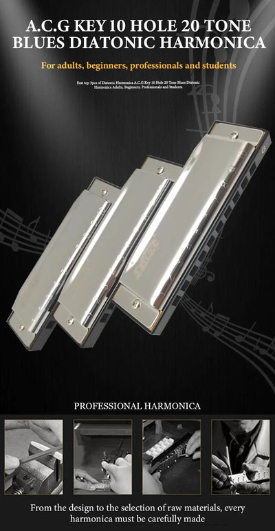 EASTTOP T10-3-3 set of 3 of Diatonic Harmonica 10 Hole 20 Tone Blues Diatonic Harmonica for Adults Beginners Professionals