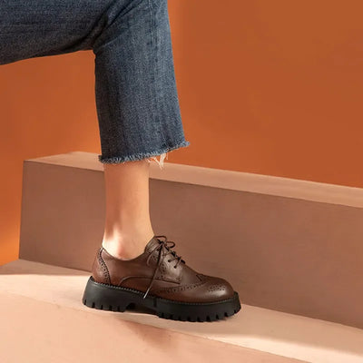 BeauToday Brogue Shoes Women Genuine Cow Leather Wintip Round Toe Cross-Tied Thick Sole Ladies Derby Shoes Handmade 21839