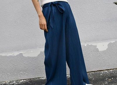 Miyake Pleated Designer Pleated Blue Belt Pants Casual Long Women Trousers