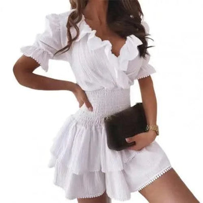 V-neck Elastic Waist Ruffled Short Sleeve Mini Cake Dress For Women| Elegant Party Dresses Girls | Summer |