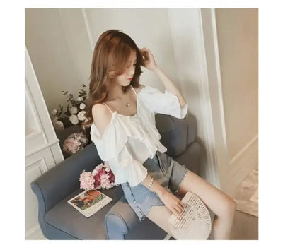 Ruffle Youth Elegant Blouses Tops Women Fashion Low Cut Blouse Summer Chiffon Shirt Pretty Bebeautiful Clothes