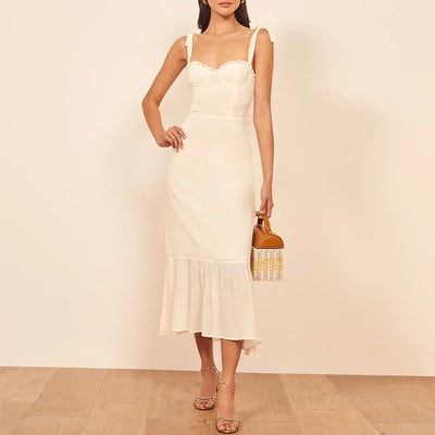 Summer Dresses For Women 2021 Elegant Ruffle Hem Floral Chiffon Midi Dress Frill Edge Sweetheart Neck Strap Tie Sexy Slip Dress
