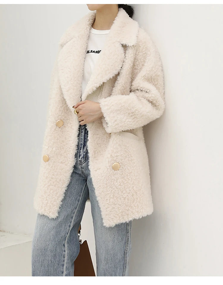 MENINA BONITA 2025 New  Luxury Winter Jacket Women's Coat Double-breasted Woven Real Natural Wool Fur Lapel Warm Loose Outerwear