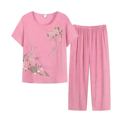 Summer Women Lounge Wear Set Short Sleeve Floral Print T-shirt Trousers Pants Loose Two Pieces Set Outfit Middle-aged Women Suit
