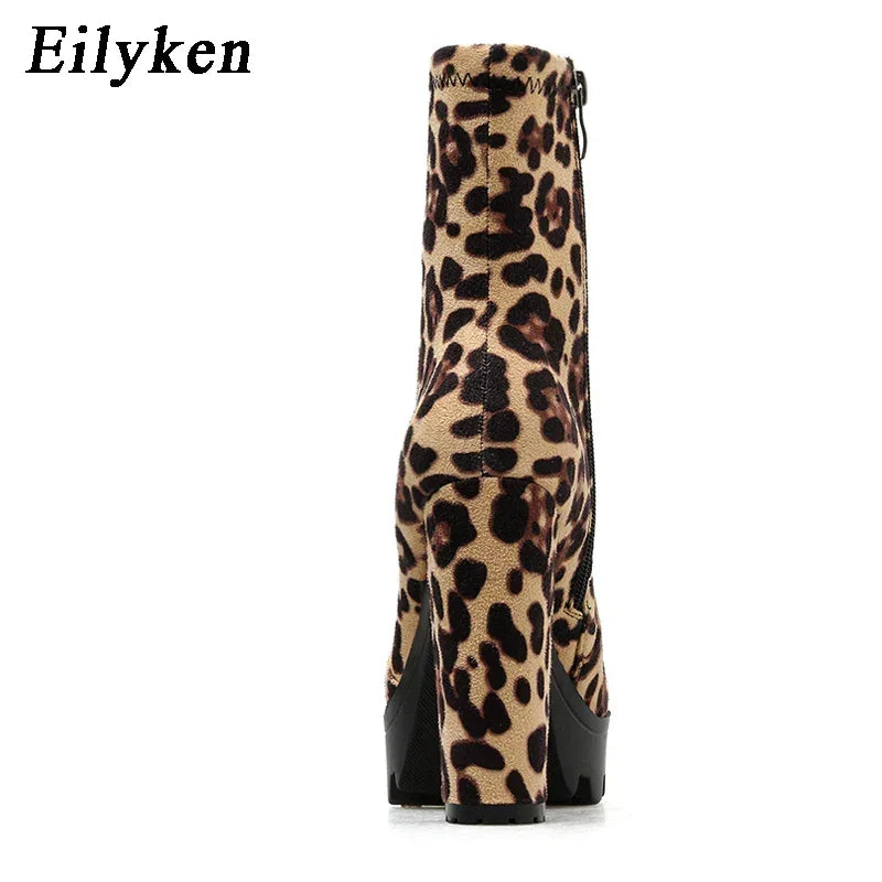 EilyKen Handmade Brown Square Chunky High Heel Booties Leopard Print Platform Side Zippers Shoes Designer Woman Ankle Boots