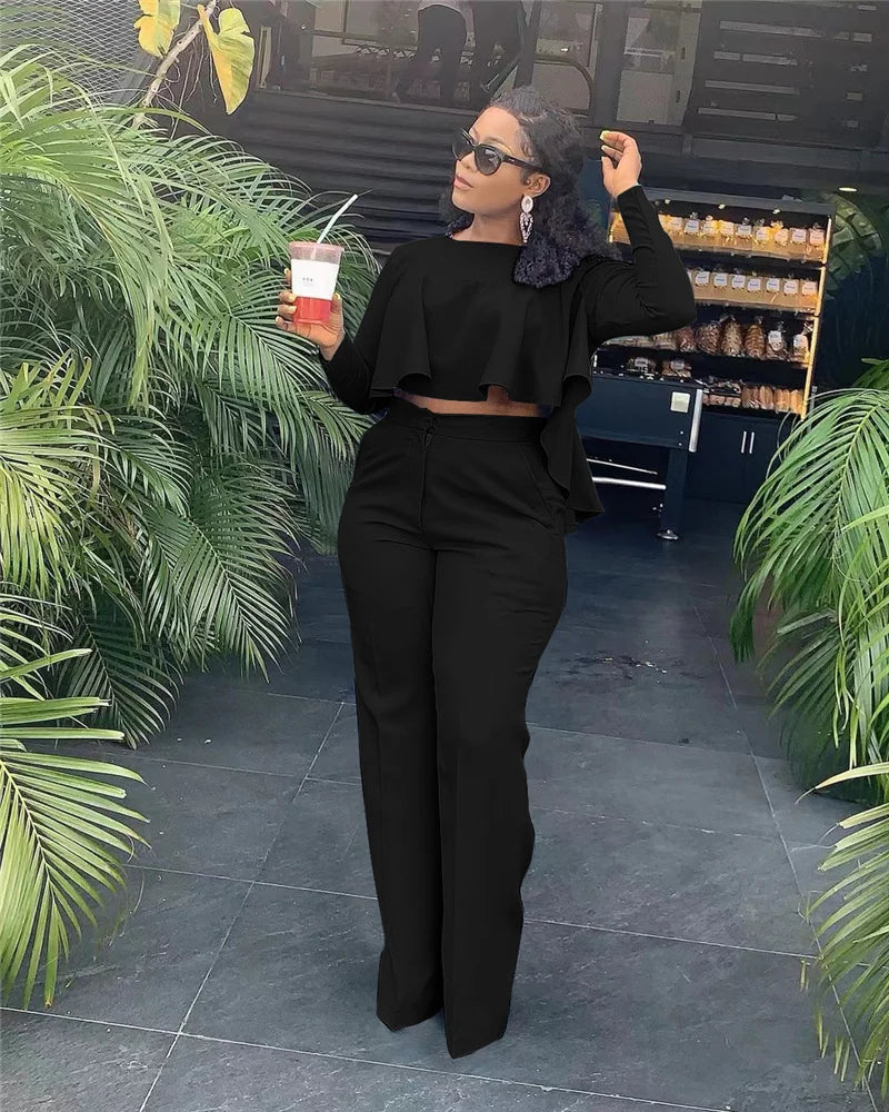 Elegant Work Wear Two Piece Set Fall Clothes for Women Ruffles Crop Top and Wide Leg Pants Suits Matching Sets Sexy Club Outfits