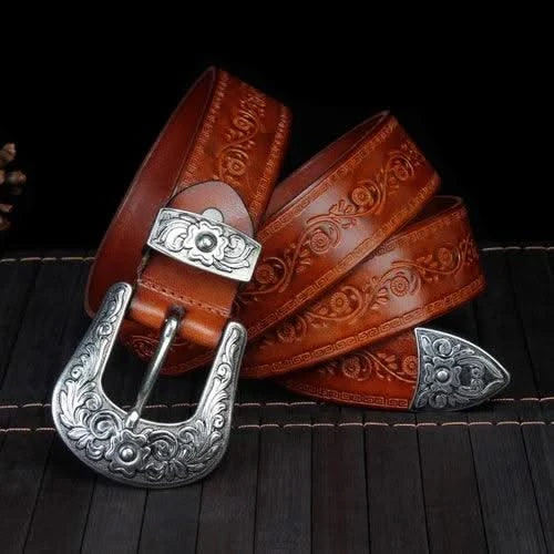 Designer High Quality Genuine Leather Strap Retro Flower Printing Belts Men |  Pin Buckle Belt