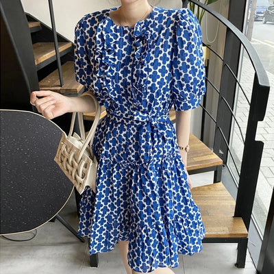 New Fashion Printed Dress for Women Streetwear Trend Round Neck Ruffles Waist Puff Sleeve Dresses Female Clothing
