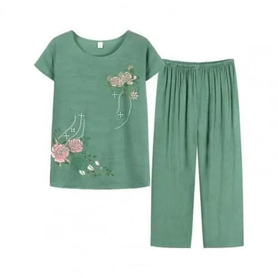 Summer Women Lounge Wear Set Short Sleeve Floral Print T-shirt Trousers Pants Loose Two Pieces Set Outfit Middle-aged Women Suit